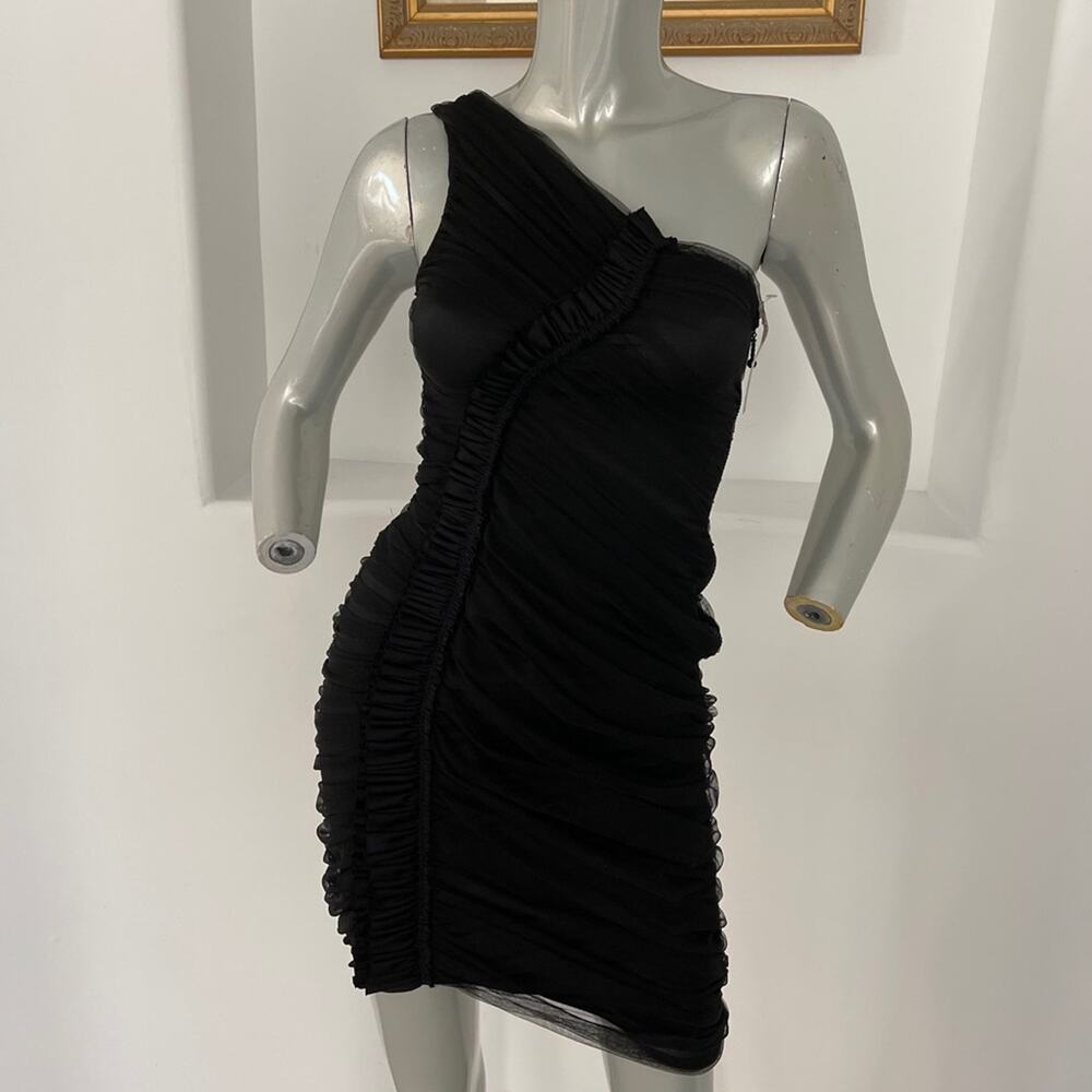Thomas Wylde Ruched One Shoulder Mini Black  Dress Size S